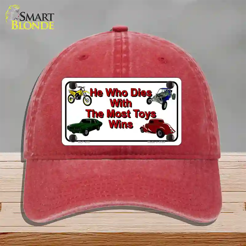 He With The Most Toys Wins Novelty License Plate Hat Unconstructed Cotton / Red