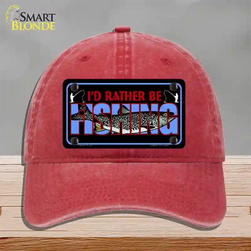 Rather Be Fishing Novelty License Plate Hat Unconstructed Cotton / Red