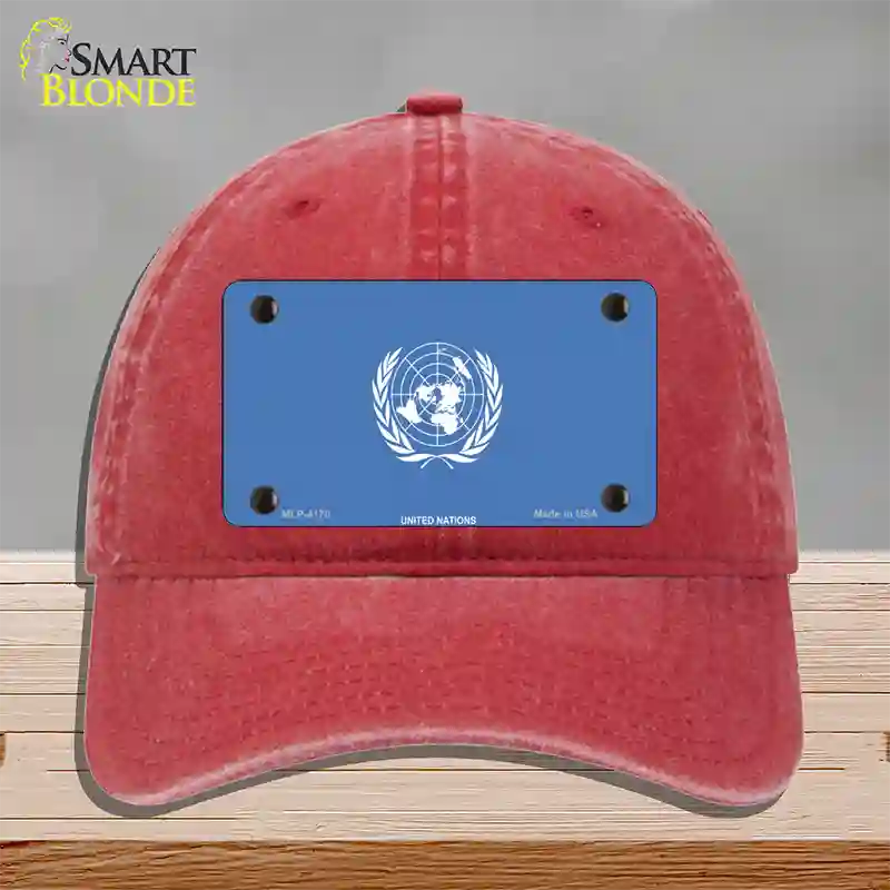 United Nations Flag Novelty License Plate Hat Unconstructed Cotton / Red