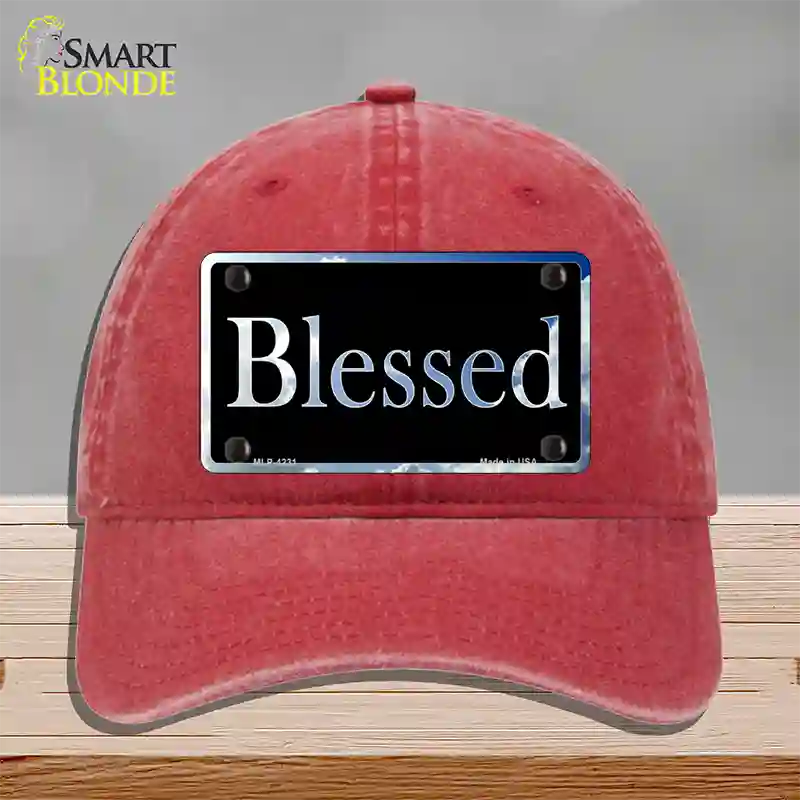 Blessed Blue Sky Cloud Novelty License Plate Hat Unconstructed Cotton / Red