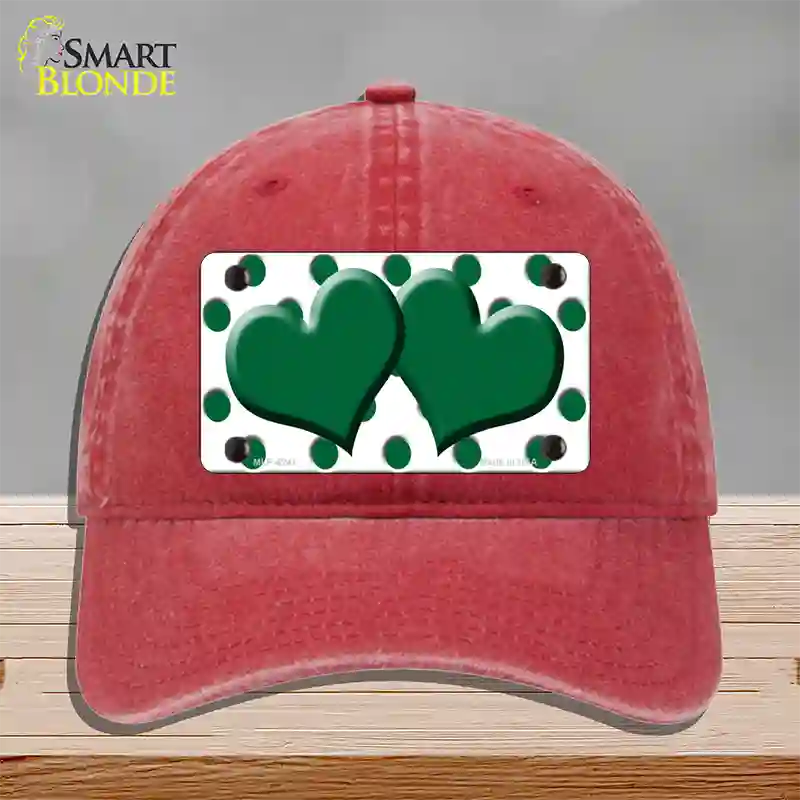 Green White Polka Dot Green Centered Hearts Novelty License Plate Hat Unconstructed Cotton / Red