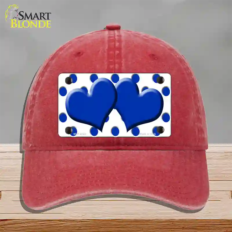 Blue White Polka Dot Blue Centered Hearts Novelty License Plate Hat Unconstructed Cotton / Red