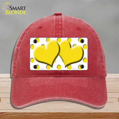 Yellow White Polka Dot Yellow Centered Hearts Novelty License Plate Hat Unconstructed Cotton / Red