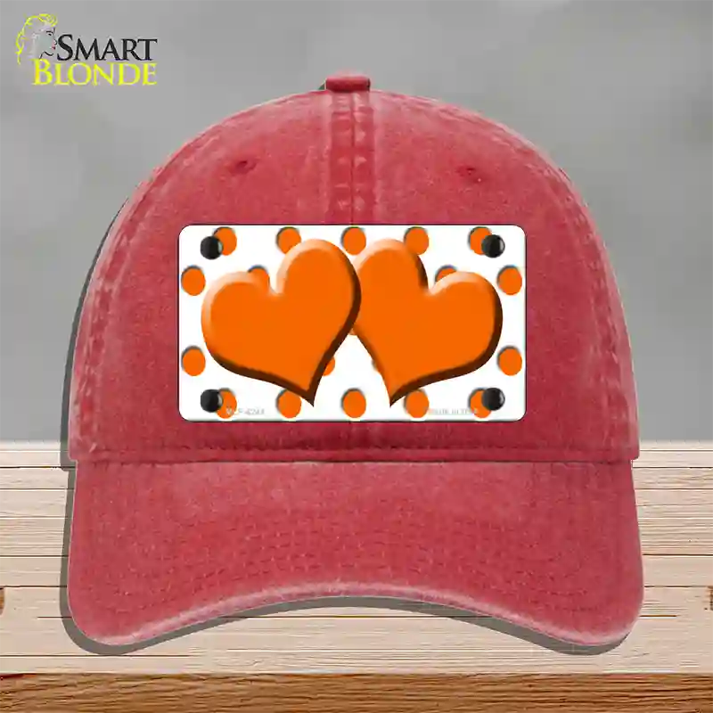 Orange White Polka Dot Orange Centered Hearts Novelty License Plate Hat Unconstructed Cotton / Red