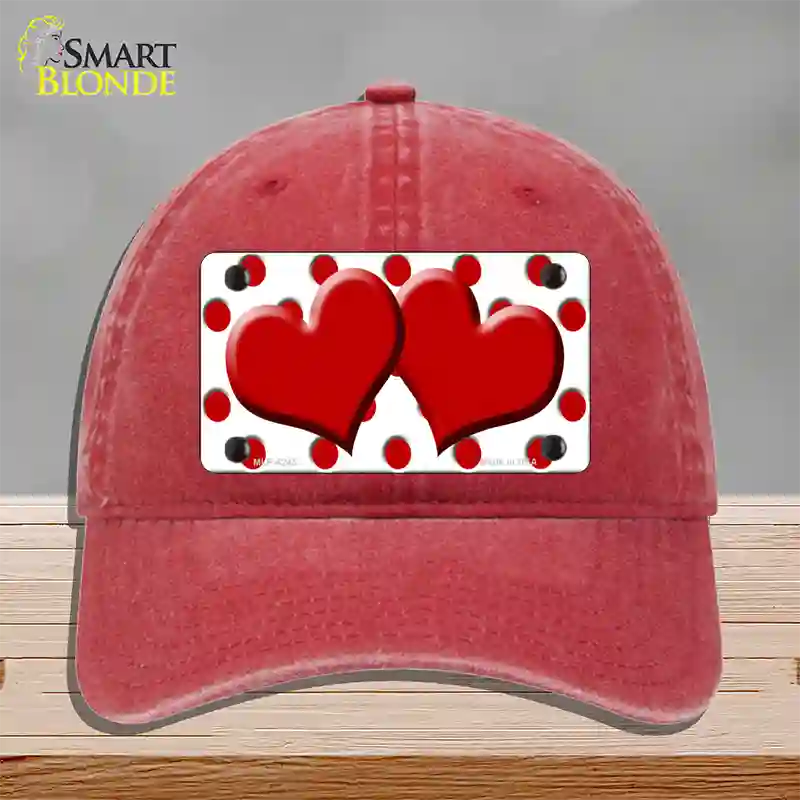 Red White Polka Dot Red Centered Hearts Novelty License Plate Hat Unconstructed Cotton / Red