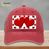 Red White Polka Dot Red Centered Hearts Novelty License Plate Hat Unconstructed Cotton / Red