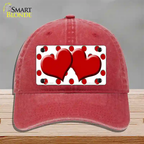 Red White Polka Dot Red Centered Hearts Novelty License Plate Hat Unconstructed Cotton / Red