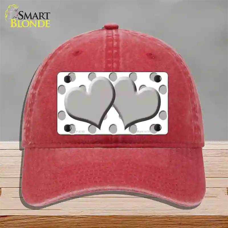 Grey White Polka Dot Grey Centered Hearts Novelty License Plate Hat Unconstructed Cotton / Red