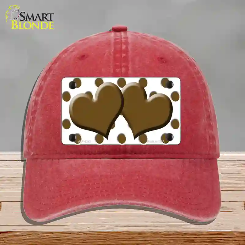 Brown White Polka Dot With Brown Centered Hearts Novelty License Plate Hat Unconstructed Cotton / Red