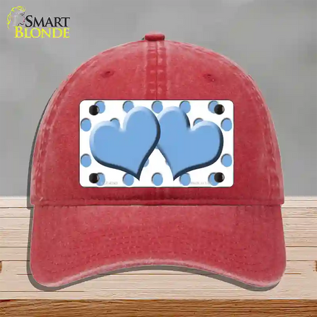 Light Blue White Polka Dot Light Blue Centered Hearts Novelty License Plate Hat Unconstructed Cotton / Red