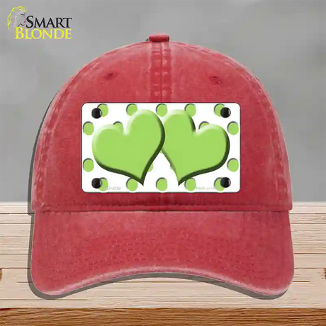 Lime Green White Polka Dot Lime Green Centered Hearts Novelty License Plate Hat Unconstructed Cotton / Red