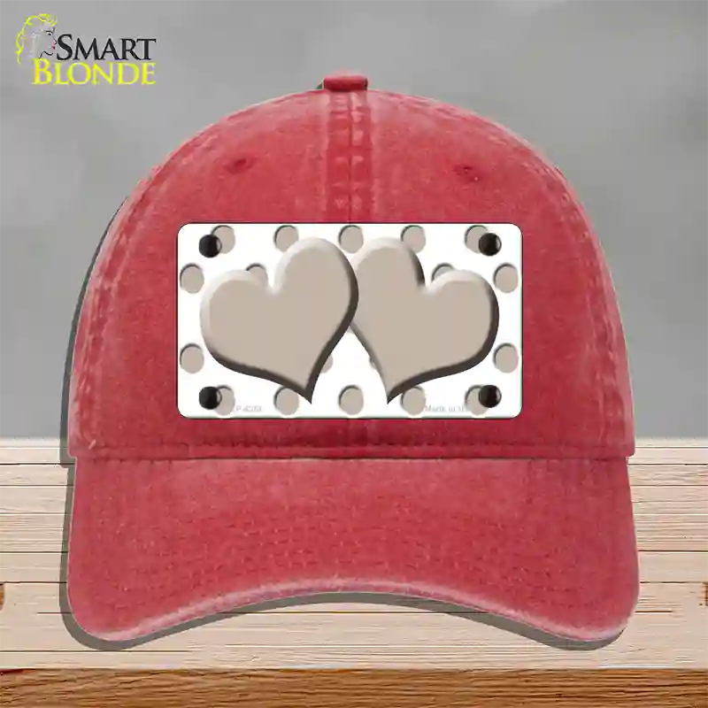 Tan White Polka Dot Tan Centered Hearts Novelty License Plate Hat Unconstructed Cotton / Red