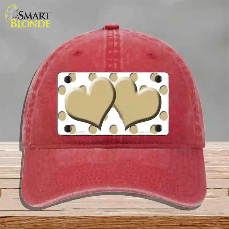 Gold White Polka Dot Gold Centered Hearts Novelty License Plate Hat Unconstructed Cotton / Red