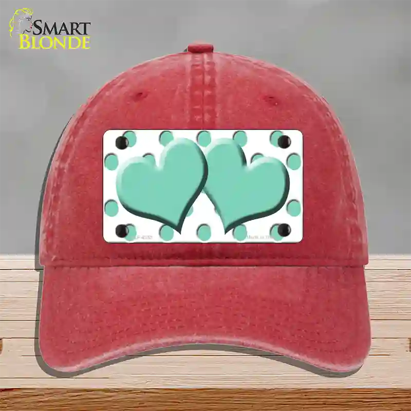 Mint White Polka Dot Mint Centered Hearts Novelty License Plate Hat Unconstructed Cotton / Red