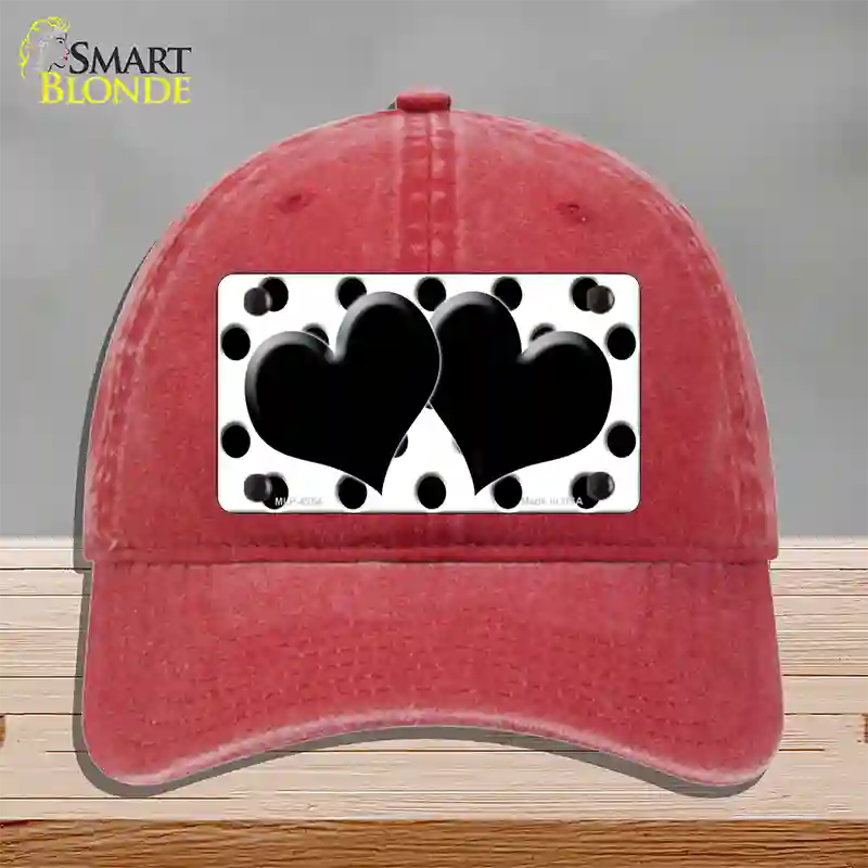 Black White Polka Dot Black Centered Hearts Novelty License Plate Hat Unconstructed Cotton / Red