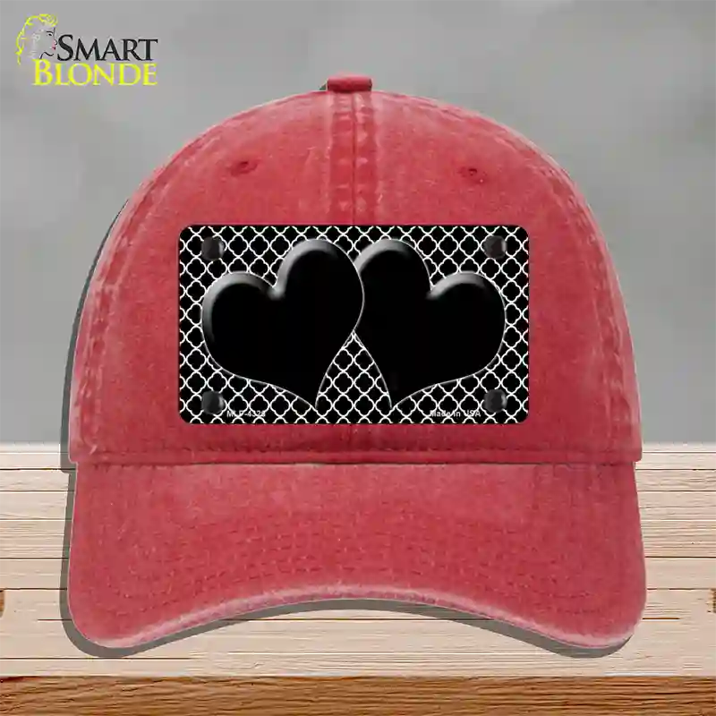 Black White Quatrefoil Black Center Hearts Novelty License Plate Hat Unconstructed Cotton / Red