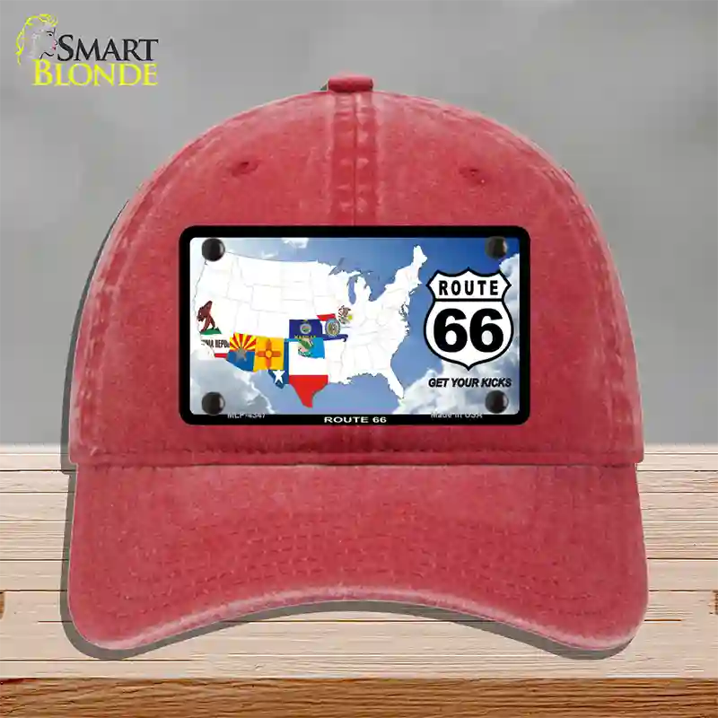 Route 66 8 Flags Clouds Novelty License Plate Hat Unconstructed Cotton / Red