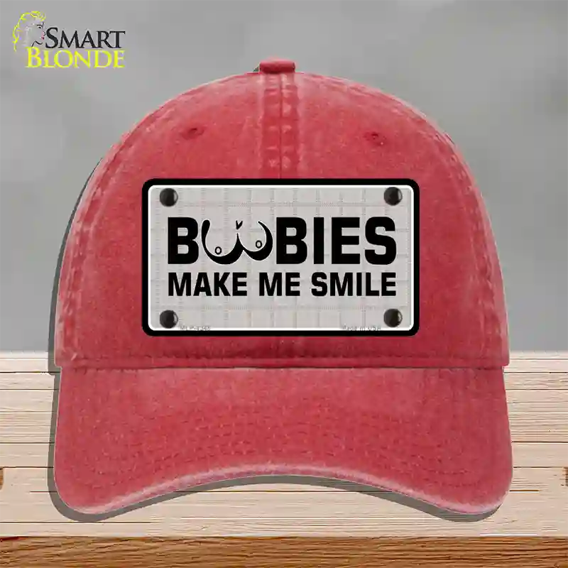 Boobies Make Me Smile Novelty License Plate Hat Unconstructed Cotton / Red