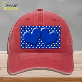 Blue White Polka Dot Center Hearts Novelty License Plate Hat Unconstructed Cotton / Red