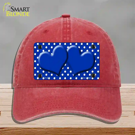 Blue White Polka Dot Center Hearts Novelty License Plate Hat Unconstructed Cotton / Red