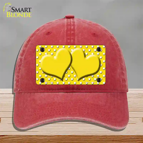 Yellow White Polka Dot Center Hearts Novelty License Plate Hat Unconstructed Cotton / Red
