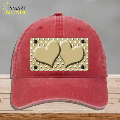 Gold White Polka Dot Center Hearts Novelty License Plate Hat Unconstructed Cotton / Red