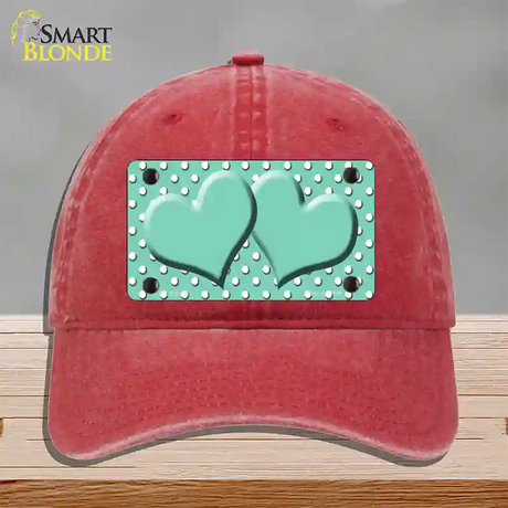 Mint White Polka Dot Center Hearts Novelty License Plate Hat Unconstructed Cotton / Red
