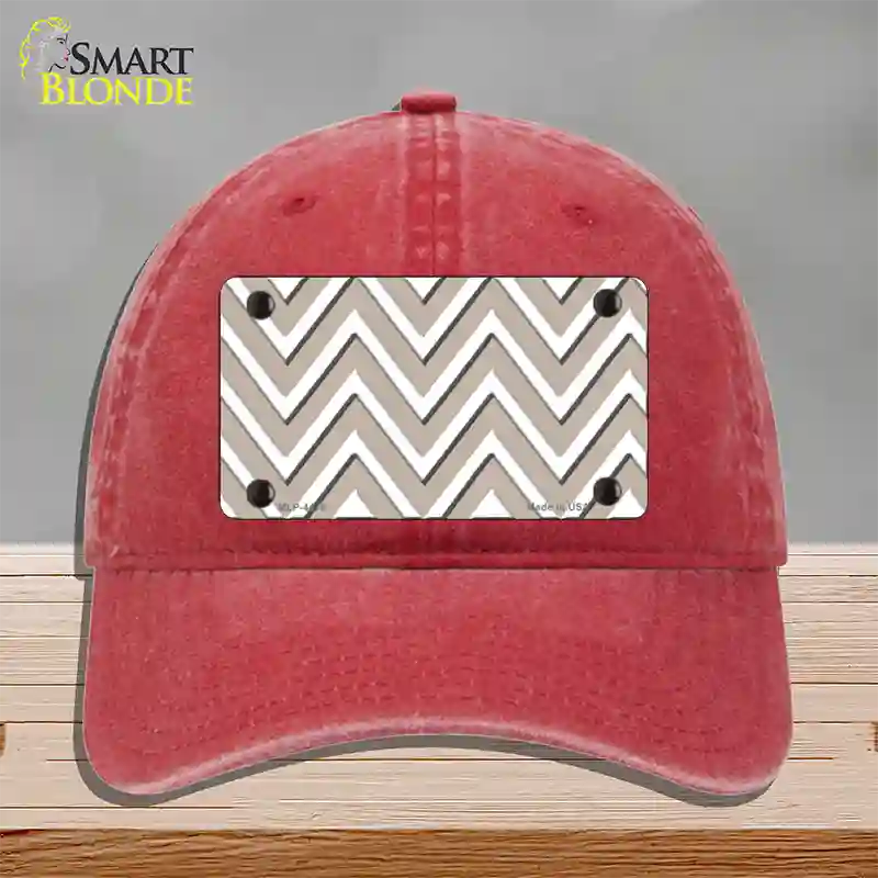 Tan White Large Chevron Novelty License Plate Hat Unconstructed Cotton / Red