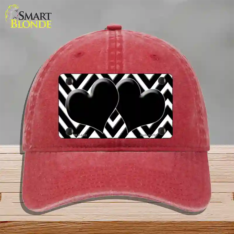 Black White Large Chevron Black Center Hearts Novelty License Plate Hat Unconstructed Cotton / Red