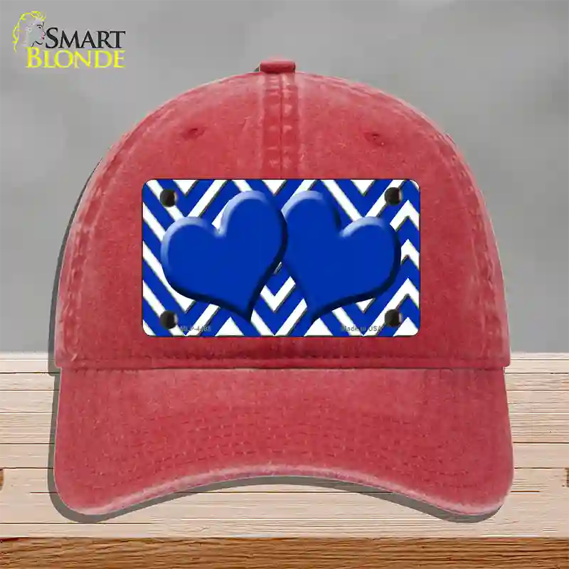 Blue White Large Chevron Blue Center Hearts Novelty License Plate Hat Unconstructed Cotton / Red