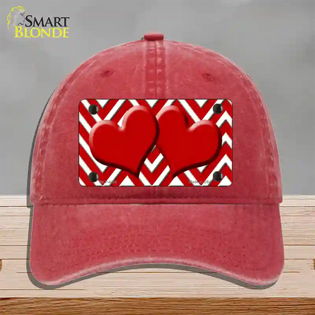 Red White Large Chevron Red Center Hearts Novelty License Plate Hat Unconstructed Cotton / Red