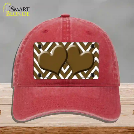 Brown White Large Chevron Brown Center Hearts Novelty License Plate Hat Unconstructed Cotton / Red