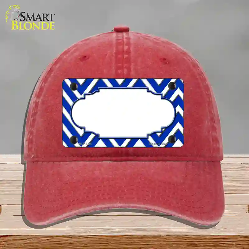 Blue White Large Chevron Center Scallop Novelty License Plate Hat Unconstructed Cotton / Red