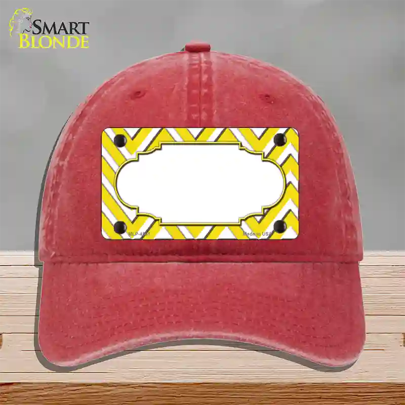 Yellow White Large Chevron Center Scallop Novelty License Plate Hat Unconstructed Cotton / Red