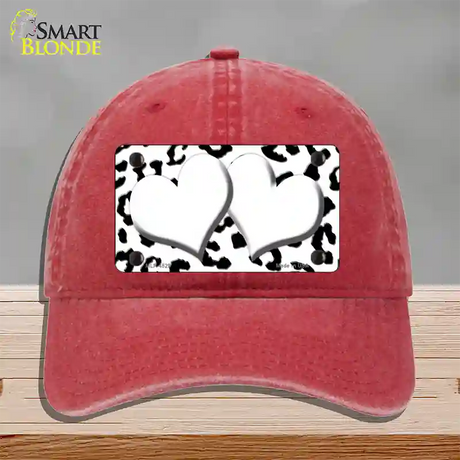 White Black Cheetah White Center Hearts Novelty License Plate Hat Unconstructed Cotton / Red