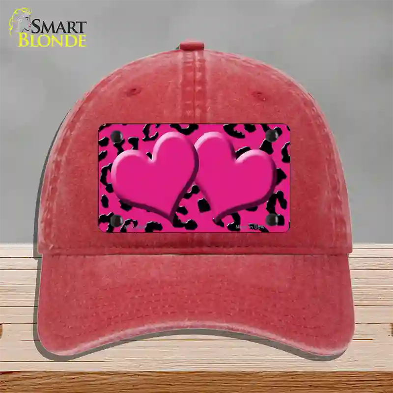 Pink Black Cheetah Pink Center Hearts Novelty License Plate Hat Unconstructed Cotton / Red