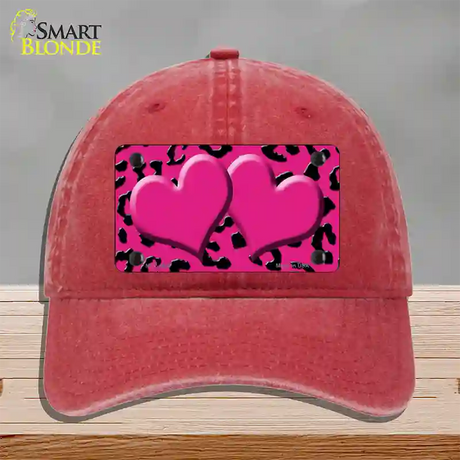 Pink Black Cheetah Pink Center Hearts Novelty License Plate Hat Unconstructed Cotton / Red