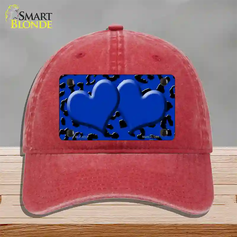 Blue Black Cheetah Blue Center Hearts Novelty License Plate Hat Unconstructed Cotton / Red