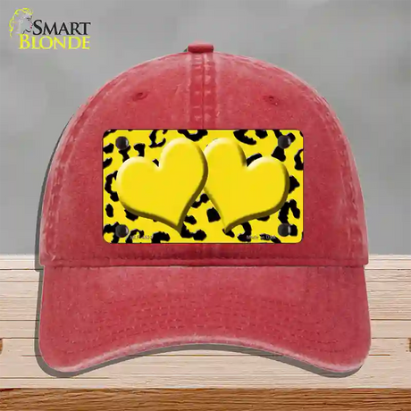 Yellow Black Cheetah Yellow Center Hearts Novelty License Plate Hat Unconstructed Cotton / Red