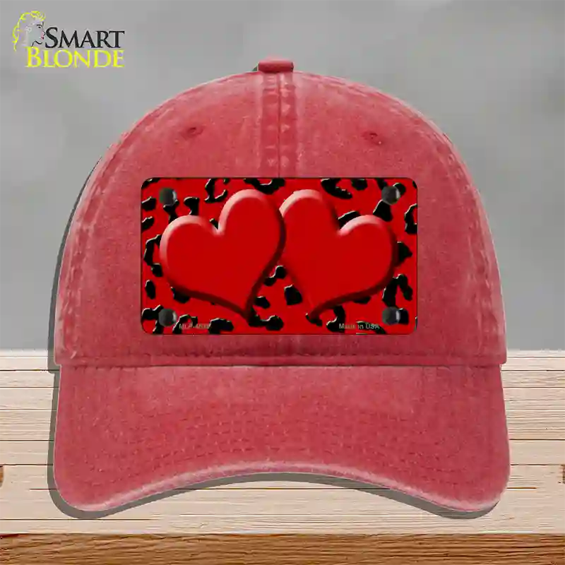 Red Black Cheetah Red Center Hearts Novelty License Plate Hat Unconstructed Cotton / Red