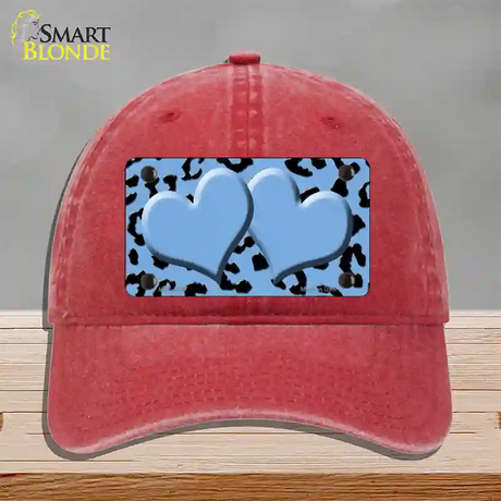 Light Blue Black Cheetah Light Blue Center Hearts Novelty License Plate Hat Unconstructed Cotton / Red