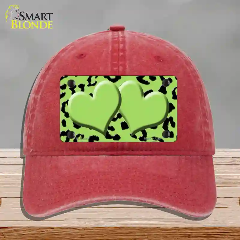 Lime Green Black Cheetah Lime Green Center Hearts Novelty License Plate Hat Unconstructed Cotton / Red