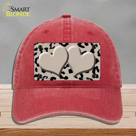 Tan Black Cheetah Tan Center Hearts Novelty License Plate Hat Unconstructed Cotton / Red