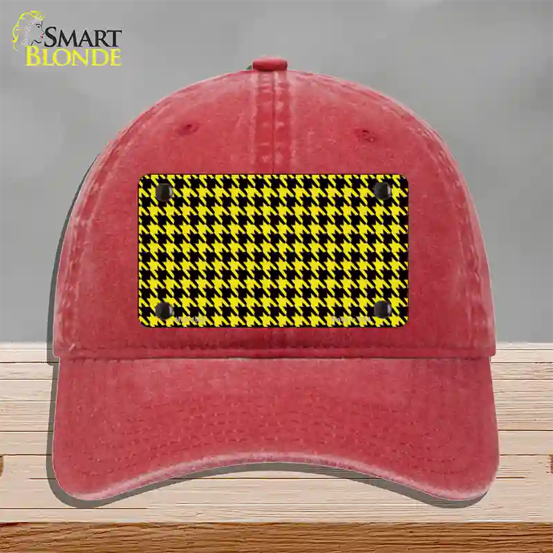 Yellow Black Houndstooth Novelty License Plate Hat Unconstructed Cotton / Red