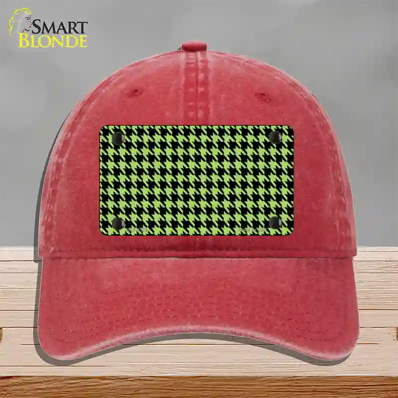 Lime Green Black Houndstooth Novelty License Plate Hat Unconstructed Cotton / Red