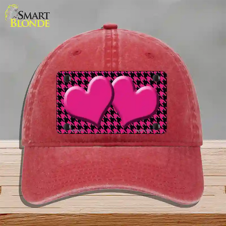 Pink Black Houndstooth Pink Center Hearts Novelty License Plate Hat Unconstructed Cotton / Red