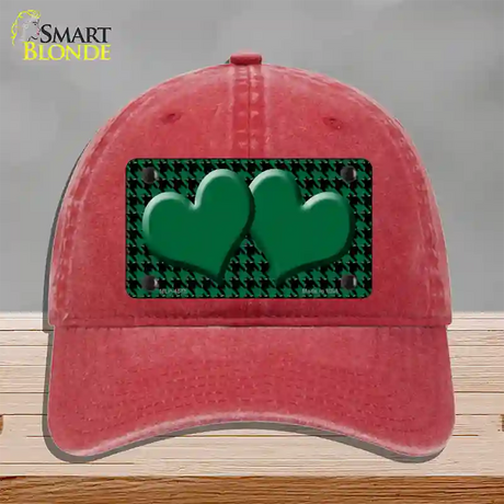 Green Black Houndstooth Green Center Hearts Novelty License Plate Hat Unconstructed Cotton / Red