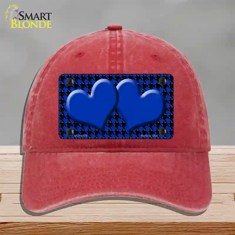 Blue Black Houndstooth Blue Center Hearts Novelty License Plate Hat Unconstructed Cotton / Red