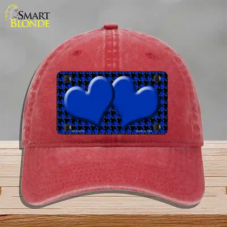 Blue Black Houndstooth Blue Center Hearts Novelty License Plate Hat Unconstructed Cotton / Red