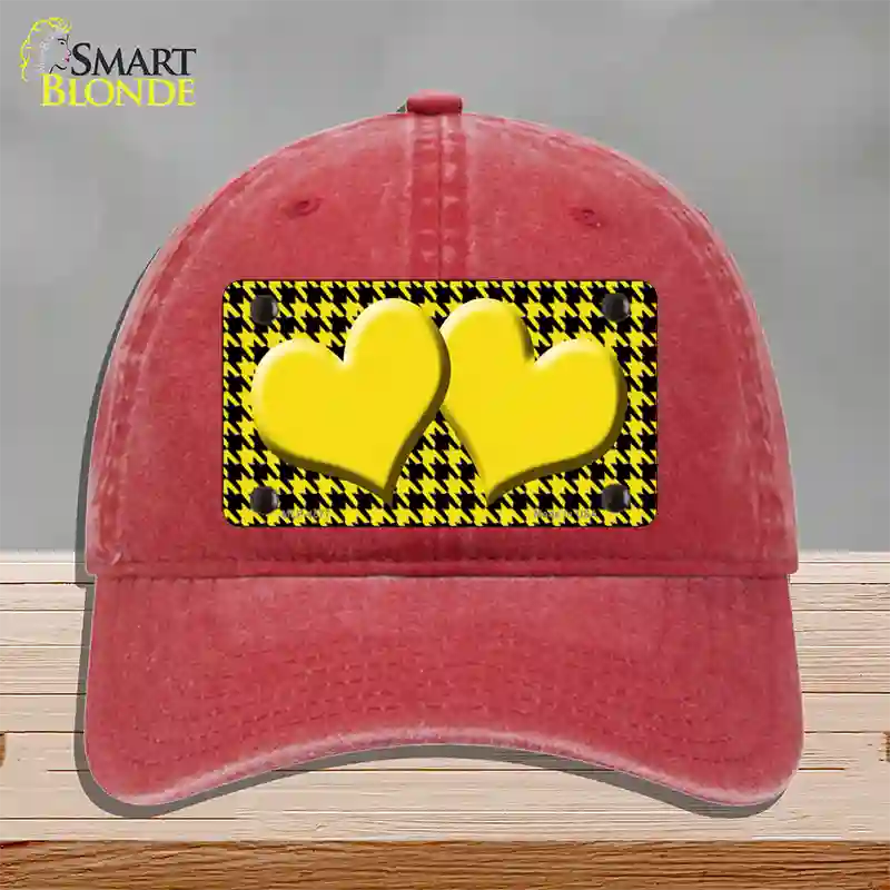 Yellow Black Houndstooth Yellow Center Hearts Novelty License Plate Hat Unconstructed Cotton / Red